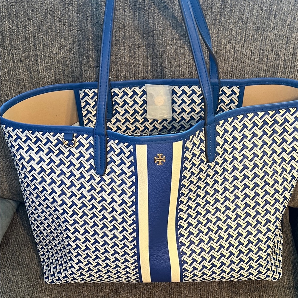 Tory Burch Navy and white Patterned Tote